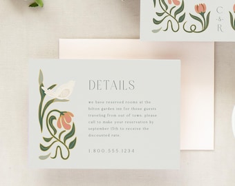 Elegant Art Deco Floral Wedding Accommodation Details Card Template: Printable 1920s Great Gatsby-Inspired Design, AD1