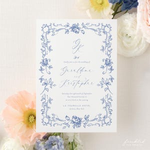 Elegante Blue Regency Hochzeitseinladung mit Monogramm Design, CHA