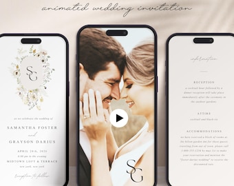 May include: A 5-page animated wedding invitation with a watercolor floral design and a photo of the couple. The invitation includes the couple's names, wedding date, time, and location. It also includes information about the reception, attire, and accommodations.