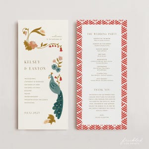 Può includere: Programma di nozze con un'illustrazione di pavone e dettagli floreali. Il programma include i nomi Kelsey & Easton, la data del matrimonio e l'ordine degli eventi. Il pannello di destra elenca gli invitati al matrimonio e un messaggio di ringraziamento.