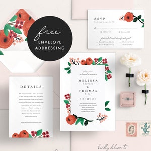 Wedding Invitation Suite, Botanical Wedding Invitation, Calligraphy Wedding Invitation, Simple Floral Wedding Invitation, CHL