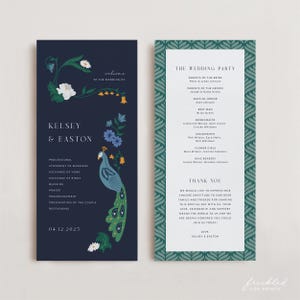 May include: Navy blue wedding program with floral and peacock illustrations. The program includes the names Kelsey & Easton, the wedding date, and the order of events. The right panel lists the wedding party and a thank you message.