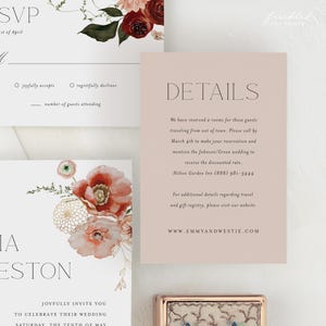 Druckbare Boho Burgunder Blumenhochzeit Anpassung Details Kartenvorlage, EMILIA