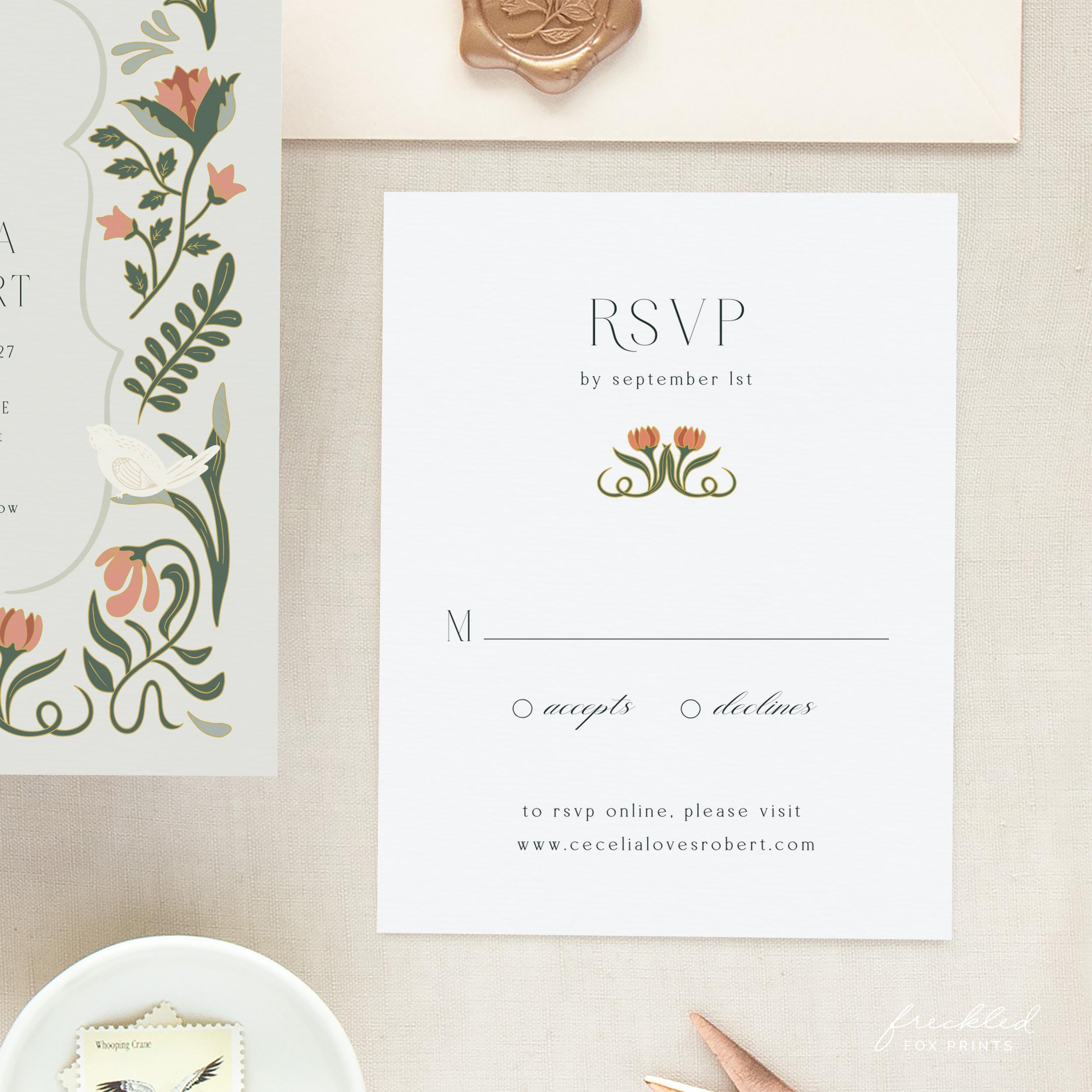 Art Deco Floral Wedding RSVP Card Template: 1920s Gatsby Design ...