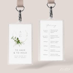エレガントな緑の花柄のキーカードの結婚式日程表テンプレート - 印刷可能な目的地アジェンダ、AMA