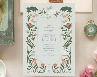 May include: A light blue wedding invitation with a floral border. The invitation features the names "Cecelia & Robert" and the date "November 12, 2027".
