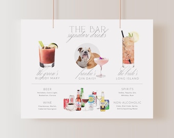 Elegant Watercolor Wedding Bar Menu with Pet: Personalized His & Hers Signature Drink Sign, Cocktail List Template