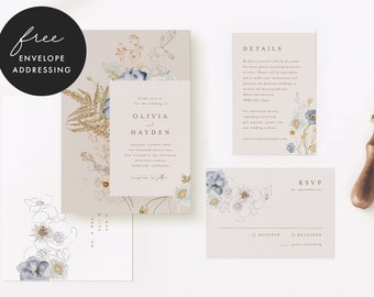 Botanical Wedding Invitation, Wedding Invitation Suite Template, Wildflower Wedding Invitation, Boho Wedding Invitation Template, OLI