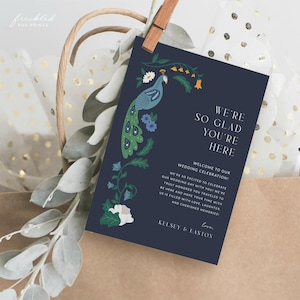 Tarjeta de agenda de boda estilo art déco con itinerario y etiqueta de bienvenida, G1