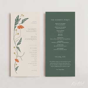 May include: A wedding invitation suite with a green and cream color scheme. The front of the invitation features a floral illustration with a poppy flower. The back of the invitation lists the wedding party and includes the text "The Wedding Party".