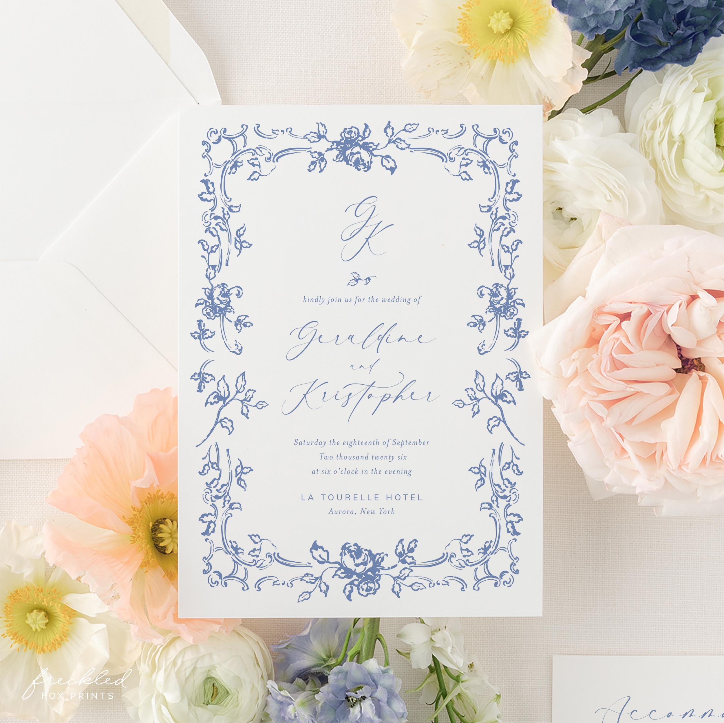 Invitación de boda estilo Regency azul vintage con monograma y diseño  floral, CHA - Etsy México, image size:2500x2498
