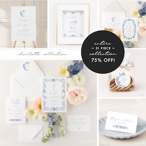 May include: A wedding invitation suite with a blue and white floral design. The suite includes a welcome sign, invitation, RSVP card, details card, and a favor tag. The text on the invitation reads "Welcome to the wedding of  Gretchen and Christopher".