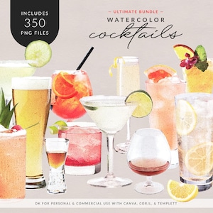 Ilustrações de coquetéis em aquarela: arte digital para cardápios de restaurantes, drinques exclusivos e decoração de bares - acesso vitalício!