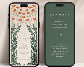 Peut inclure: Une invitation de mariage avec un motif floral dans des tons de vert, orange et or. L'invitation indique les noms Audrey Williams et Ryan Anderson, la date du 22 juillet 2023 et le lieu Cade Club, Los Angeles.