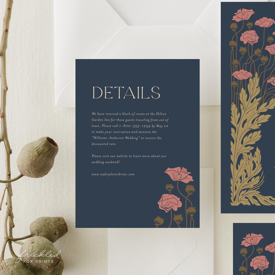 Art Deco Floral Wedding Details Card Template: 1920s Gatsby Style, G2 ...