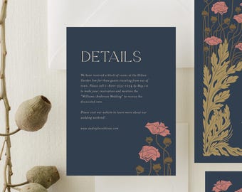 Elegant Art Deco Floral Wedding Accommodation Details Card Template: Printable 1920s Great Gatsby-Inspired Design, ART3