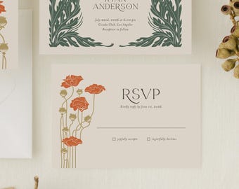 Elegant Art Deco Floral Wedding RSVP Card Template: Printable 1920s Great Gatsby-Inspired Design, ART1