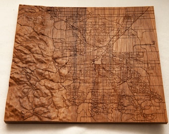 Custom Wood Topographical Map with Road map.  Anywhere in the world.