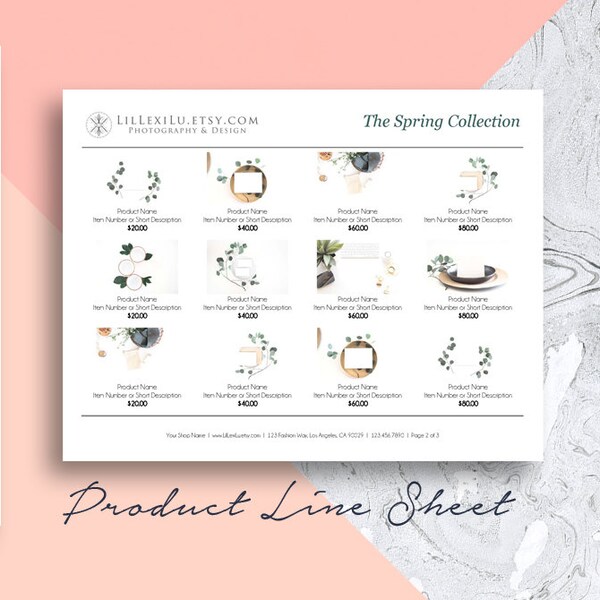 Line Sheet WORD Template, Wholesale Catalog, Simple & Elegant Product Sales Sheet, Portrait or Landscape - 4 Layout Options