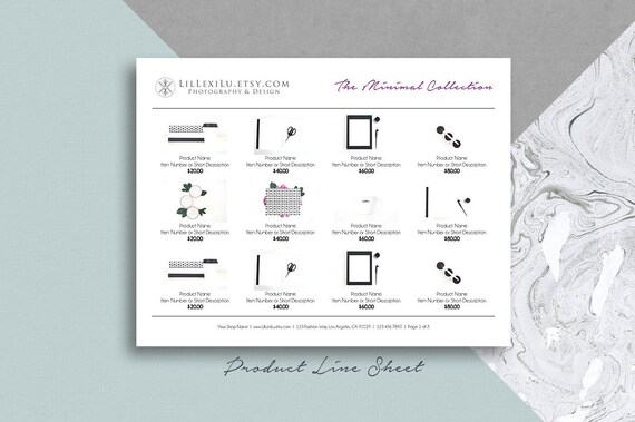 line sheet photoshop template wholesale catalog clean simple product sales sheet landscape 3 layout options sales catalog template