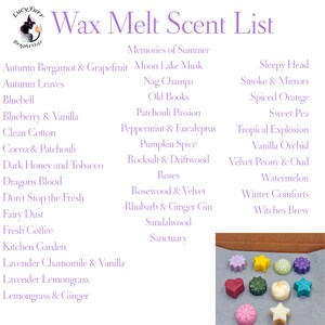 May include: A list of wax melt scents, including Autumn Bergamot & Grapefruit, Moon Lake Musk, Sleepy Head, Smoke & Mirrors, Spiced Orange, Sweet Pea, Tropical Explosion, Vanilla Orchid, Velvet Peony & Oud, Watermelon, Winter Comforts, and Witches Brew. The list is printed on a white background with a purple border. The image also shows a variety of wax melts in different shapes and colors.
