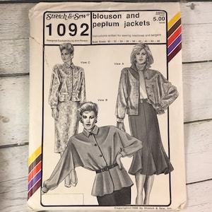 Vintage Stretch and Sew 1092 Blouson & Peplum Jacket Sewing Pattern Bust Sz 30-46