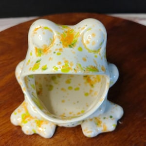 Vintage 1970&#39;s Ceramic Frog Scrubby Holder White Yellow Orange Green