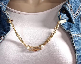 Vintage Sweater Guard Clip w/ Gold-Tone Double Chain Faux Pearls