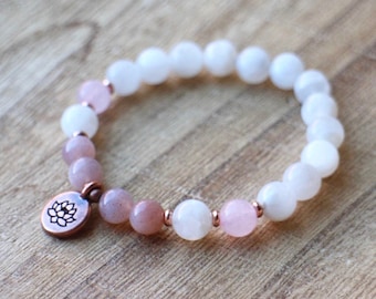 Lotus Mala Bracelet, Wrist Mala Beads, Moonstone Yoga Bracelet, Sunstone Mala, Spiritual Jewelry, Yoga Gift