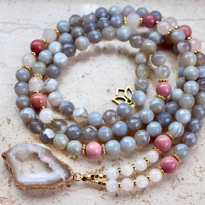 Agate Mala, Rose Quartz Mala, 108 Mala Necklace, Rhodonite Necklace, Rose Quartz Necklace, Yoga Jewelry, Meditation Beads, Yoga Gift