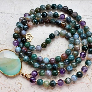 Indian Agate, Amethyst Mala, 108 Mala Necklace, Knotted Mala, Tassel Necklace, Yoga Jewelry, Meditation Beads, Spiritual Boho