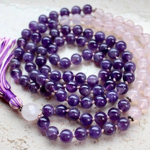 Amethyst Mala Beads 108, Rose Quartz Mala Necklace, Knotted Mala, Tassel Necklace, Yoga Jewelry, Meditation Beads, Spiritual Boho Jewelry image 1