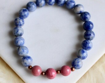 Rhodonite and Blue Spot Jasper Mala Bracelet - Mala Beads Emotional Balance, Healing of the Heart, Peace and Tranquility / 21 Beads
