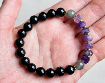 Black Tourmaline Mala, Amethyst Bracelet, Tourmaline Bracelet, Protection Mala, Yoga Gift, Black Mala, 108 Beads