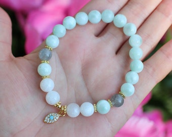 MANIFESTING, Green Angelite Mala, Angelite Bracelet, Angelite Mala, Moonstone Mala, Yoga Gift, Protection Bracelet