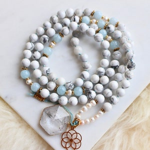 QUEEN OF CUPS / Howlite, Pearl, Aquamarine Mala, Mala Necklace, 108 Mala Prayer Beads, Yoga Gift, Yoga Necklace, Mala Beads