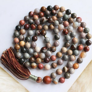 Ocean Jasper Mala Beads, 108 Beads, Sandalwood Mala Necklace, Knotted Mala, Tassel Necklace, Yoga Jewelry,Meditation Beads,Spiritual Jewelry image 1