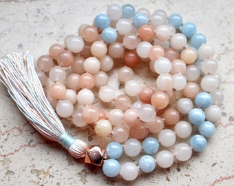 Aquamarine Mala Beads 108, Aventurine Mala Necklace, Knotted Mala, Tassel Necklace, Yoga Jewelry, Meditation Beads, Spiritual Boho Jewelry