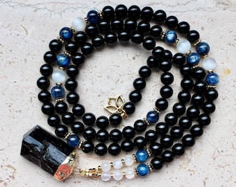 Black Tourmaline Mala, Selenite Mala, 108 Mala Necklace, Kyanite Necklace, Tourmaline Necklace, Yoga Jewelry, Meditation Beads
