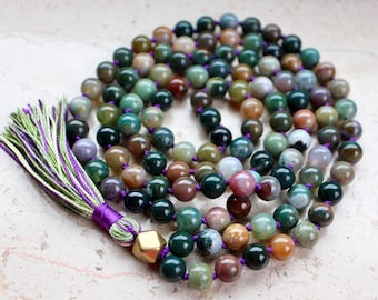 Indian Agate Mala Beads 108, Agate Mala Necklace, Boho Jewelry, Meditation Beads, Yoga Jewelry, Tassel Necklace, Yoga Necklace