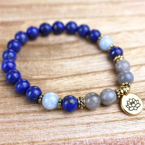 Lapis Lazuli, Labradorite, Aquamarine Mala Bracelet, Lotus Pendant, Meditation Beads, Yoga Crystals, Pearl Bracelet, Mala Beads