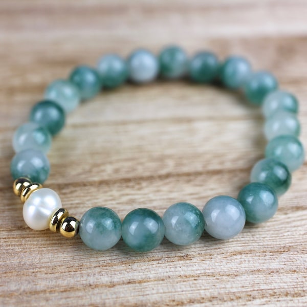 Flower Jade and Freshwater Pearl Mala Bracelet - 21 Beads, Meditation Mala, for Love and Nurturing, Good Luck, Harmony and Inner Balance