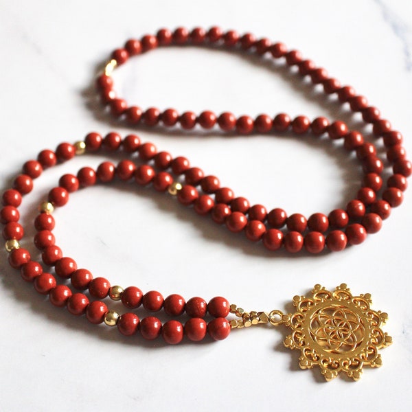 Red Jasper Mala, Flower of Life, Red Mala, Mala Necklace, 108 Mala Prayer Beads, Yoga Gift, Yoga Necklace, Mala Beads