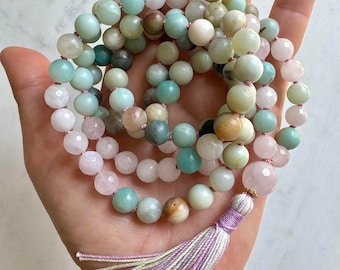 Amazonite Mala Beads 108, Rose Quartz Mala Necklace, Knotted Mala, Tassel Necklace, Yoga Jewelry, Meditation Beads, Spiritual Boho Jewelry