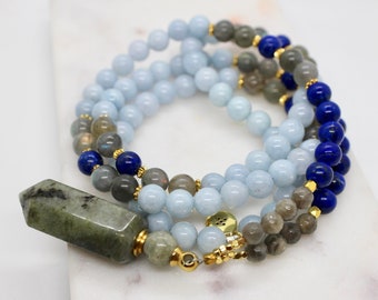 OOAK Lapis Lazuli Mala, Aquamarine Mala, Labradorite Mala, Essential Oil Necklace, Meditation Beads, Mala Kette, Prayer Beads, Yoga Necklace