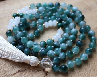 Jade Mala Beads, 108 Meditation Beads, Malachite Mala Necklace, Yoga Jewelry, Tassel Necklace, Boho Jewelry