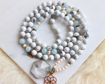 QUEEN OF CUPS / Howlite, Pearl, Aquamarine Mala, Mala Necklace, 108 Mala Prayer Beads, Yoga Gift, Yoga Necklace, Mala Beads