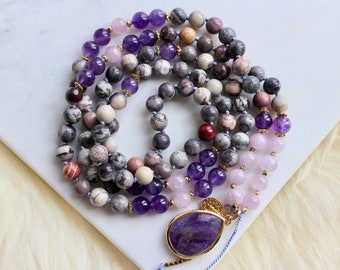 Jasper, Amethyst, Kunzite Mala, Mala Necklace, 108 Mala Prayer Beads, Yoga Gift, Yoga Necklace, Mala Beads