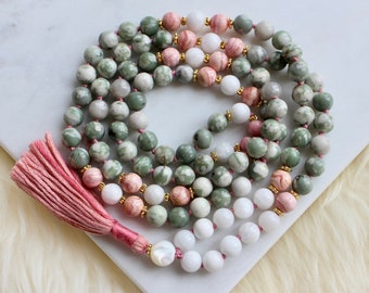 Peace Jade, Rhodochrosite, Moonstone Mala, Mala Necklace, 108 Mala Prayer Beads, Yoga Gift, Yoga Necklace, Mala Beads