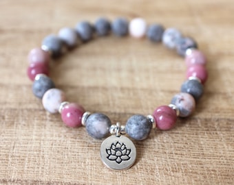 Matte Zebra Jasper and Rhodonite Mala Bracelet - for Inner Balance, Optimism, Finding Joy, Love, Self-Love, Turning Dreams into Reality